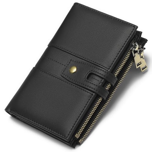 Genuine Leather Wallet for Women RFID Blocking Bifold with Double Zipper Pockets & 4 ID Windows (Black)2