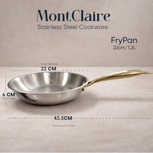 Image of SOLARA MontClaire Premium Triply Stainless Steel Cookware Set of 2, Fry Pan 22cm(1.7L) + Kadai for Cooking 22cm(2.3L) with Golden Handles and Steel Lid, Induction Friendly, 100% Toxin & Chemical Free