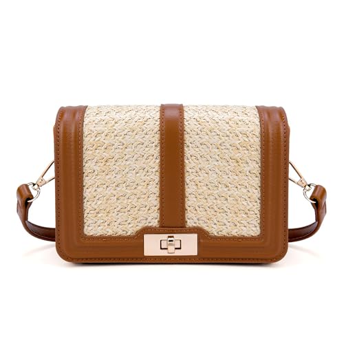 Image of FALETO Straw Crossbody Bags for Women Summer Leather Stitching Straw Flap Bag Handbag Shoulder Clutch Purse