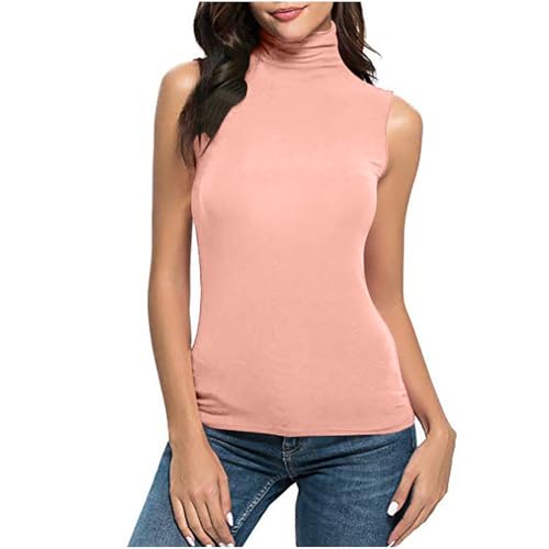 Womens Mock Turtleneck Tank Tops Slim Fit Stretch Sleeveless Underscrubs Basic Casual Workout Thermal Layer Tee Shirts B-Pink