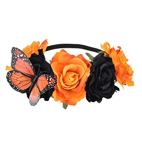 DreamLily Day of the Dead Rose Butterfuly Headpiece Halloween Flower Crown Party Costume NC29 (Black Orange)