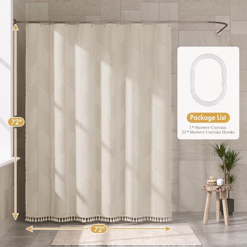 Image of AmazerBath Boho Farmhouse Shower Curtain with Tassels, Soft Cloth Beige Shower Curtain Set, Herringbone Chevron Minimalist Fabric Rustic Shower Curtain with Hooks, Hotel Quality, 72x72 Inches