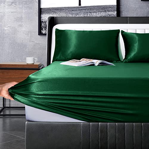 Manyshofu 7Pcs Dark Green Satin Sheets King Size Silky Satin Bed Sheets Set, Luxurious & Soft Satin Bedding Set - 1 Satin Fitted Sheet, 1 Satin Flat Sheet, 4 Satin Pillowcases + 1 Body Pillow Case #TOP7
