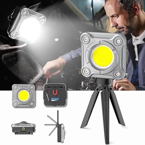 JINIU Rechargeable LED Work Light, 2000 Lumens Magnetic Base with 3 Light Modes, COB Flood Lights with Tripod -180° Rotate, Portable Cordless for Car Repairing, Fishing, Workshop Cover