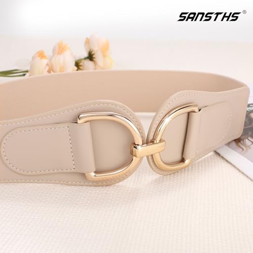 SANSTHS Vintage Women Stretchy Wide Belt Chunky Buckle Elastic Wide Waist Belts for Dresses Coats