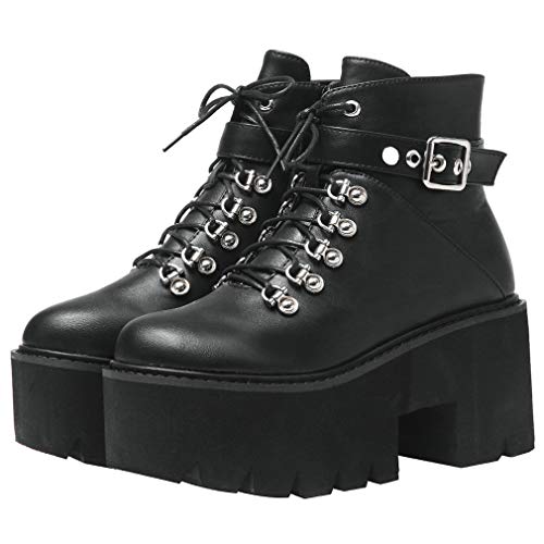 Image of Parisuit Womens Goth Patent Ankle Boots Platform Chunky Combat Boots | Lace Up, Gothic Boots, High Heel, Punk Short Booties, Buckle Boots, Chain Boots