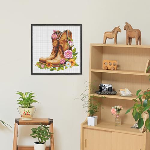 Image of FREEBLOSS DIY Cross Stitch Wall Hanging Kit Boots Full of Flowers Stamped Cross Stitch Wall Painting Retro Style Cross Stitch Home Wall Art Cross Stitch Starter Kit for Beginners with Instruction