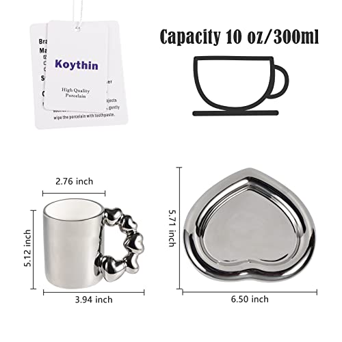 Koythin Ceramic Coffee Mug With Saucer Set, Cute Creative Electroplated Cup With Gourd Handle Love Heart Shape Design For Office And Home, 10 Oz/300 Ml For Latte Tea Milk (Elegant Silver) #TOP1