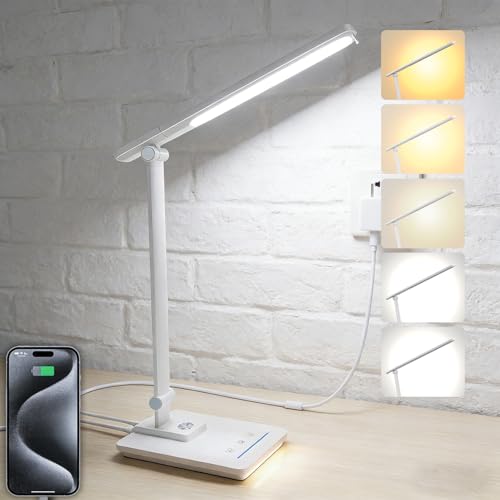 TECHNOVA LED Desk Lamp with 5 Color Temperatures | Sliding Stepless Dimming & One-Touch Timer | Foldable & Portable Design for Office/Study/Nail Art | Four-Axis Rotation for Small Desks