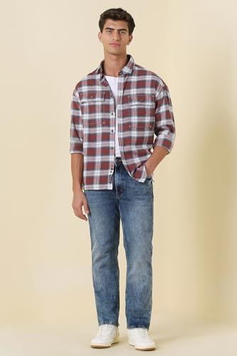 Image of Allen Solly Men Maroon Relaxed Fit Check Full Sleeves Casual Shirt