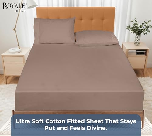 Image of Royale Linens 100% Organic Cotton Fitted Sheet - Percale Weave - Super Soft Deep Pocket Bottom Sheets - Mocha Elastic Sheet Twin Size - Twin Fitted Sheets Only - (39 inchx80 inch+15 inch, Mocha)