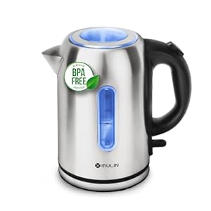 MULIN Elektrischer Wasserkocher, 1,7 l, 2200 W, Wasserkocher aus Edelstahl mit Schnellkochfunktion, 360°-Sockel, automatische Abschaltung, Wasserstandsanzeige, für Tee und Kaffee