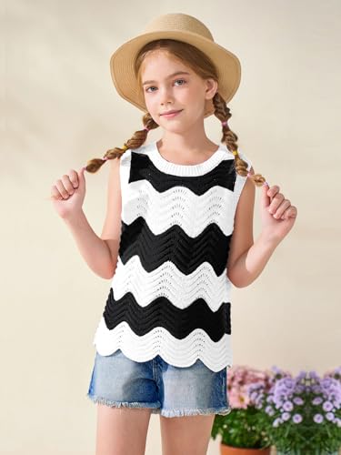 Haloumoning Girls Knit Crop Tank Tops Kids Color Block Scalloped Hem Vest Shirts 5-14 Years2