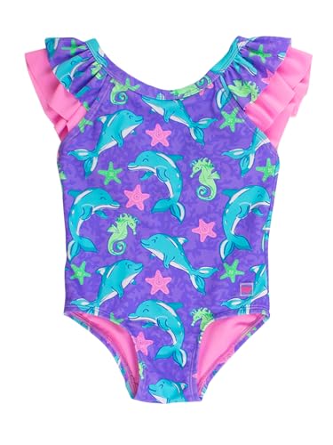 Image of RuffleButts Girls UPF50+ Sun Protection Ruffle V-Back One Piece Swimsuit