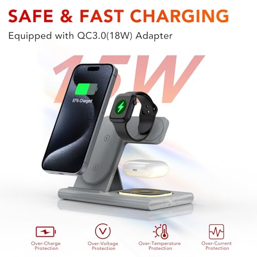 3-in-1 Foldable Charging Station for Apple Products and Google Pixel Watch - Fast Wireless Charger & Travel Dock (Gray)