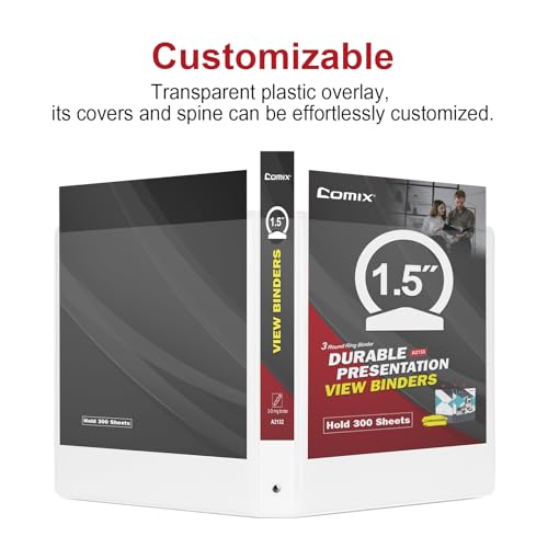 Image of COMIX Sturdy 3 Ring Binder 1.5 Inch with Clear View Cover | PVC-Free Material,2.4mm Thick Hardboard,Holds Up To 300 Sheets,Fits US Letter 8.5x11 Paper,Office & School Use,6 Pack (White)