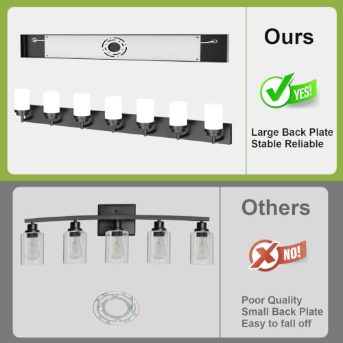 Image of Bathroom Light Fixtures, Matte Black Bathroom Lighting Fixtures Over Mirror, Modern Vanity Light with White Glass Shade, Restroom Lighting Fixtures, 7-Light 54-inch