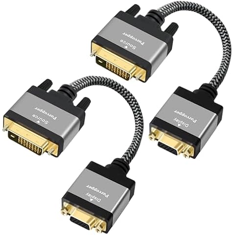 DVI to VGA Adapter 2 Pack, DVI-D 24+1 Male (Source) to VGA Female (Screen) Cable, Braided Cord Converter Connector for Monitor, PC, TV Stick, Raspberry Pi, Computer, Desktop, Laptop, Projector, Xbox Cover