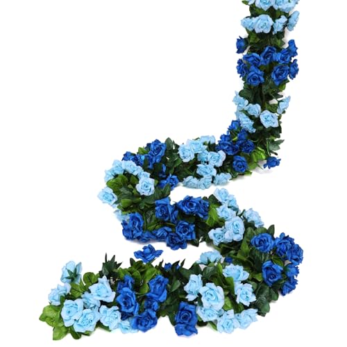 JUSTOYOU Lot de 2 guirlandes de roses artificielles double couleur à suspendre pour extérieur, intérieur, mariage, mur, salle de bain (bleu, 13 têtes)