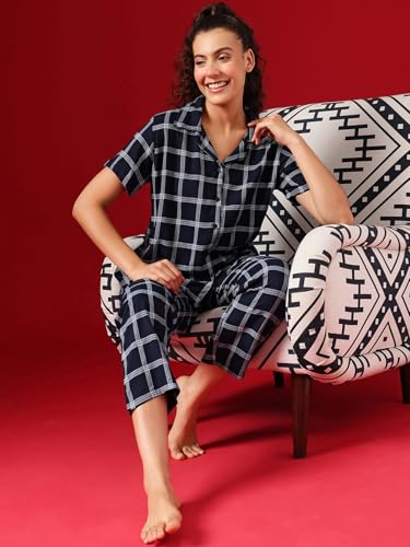 Image of Clovia Women's Cotton Classy Checks Shirt & Pyjama
