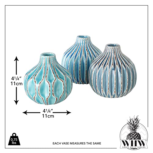 Iconic Scandi Baby Vases, Set Of 3, Fluted, Shades Of Blue, Crackle Suffused, Stoneware 4.25 Inches Tall, Modern Home Design #TOP3