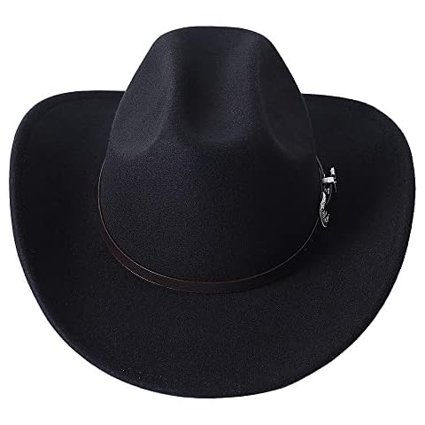 GRNUS Classic Western Felt Roll Up Brim Cowboy Cowgirl Hat for Women and Men with Western Belt Bukle (Black) Cover