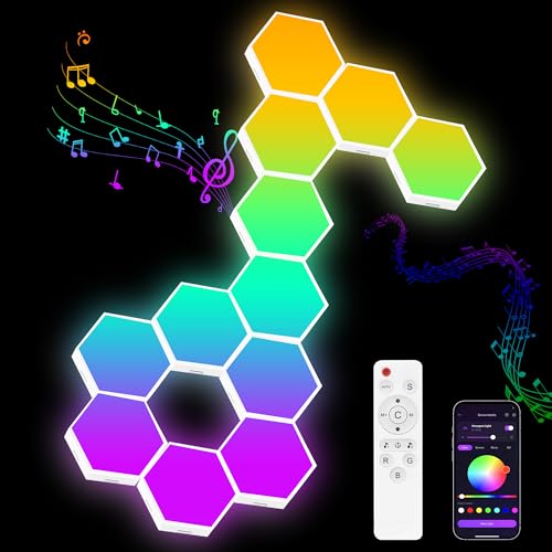 Image of 12 Pack DIY Hexagon LED Lights, Music Sync RGB Gaming Lights with APP Smart Wall Lights for Bedroom Living Room Decor