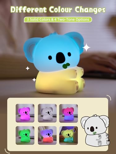 Luce Notturna Bambini, Lampada Koala Carina, Lampada Notturna per bambini con 7 Cambio Colore, Lampada Notturna Ricaricabile per Neonati, Decorazione Carina per La Camera, Regalo per Bambini e Donne