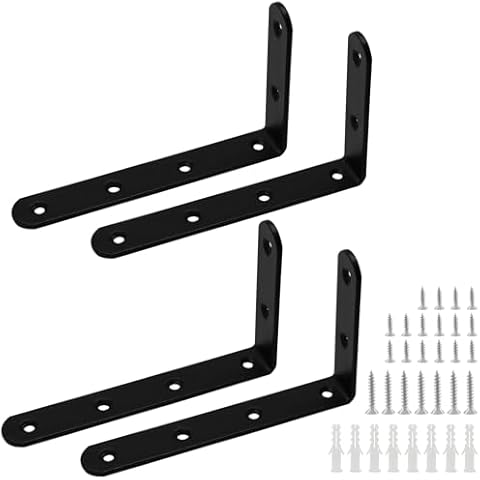 Luomorgo 4 Pcs L Brackets for Shelves, Heavy Duty Stainless Steel L Shaped Bracket, Decorative Corner Brace Joint Right Angle Bracket Wall Hanging Bracket with Screws, 5 x 3 Inch, Black Cover