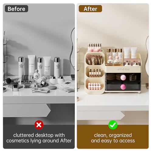Image of UFORU Makeup Organizer for Vanity with Brush Holder, Large Capacity Bathroom Countertop Skincare Organizer with 2 Drawers, Cosmetic Display Case for Perfumes, Eyeshadow Palettes, Nail Polishes