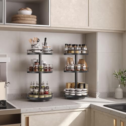 Image of HOOBRO Lazy Susan Organizer, Rotating Spice Rack, 3-Tier Organizer, Turntable Spice Rack, Vertical Storage Organizer, for Kitchen Countertop, Vanity, Dining Table, Black BB09TL01