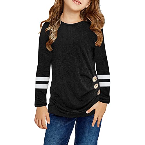 Girls Striped Long Sleeve T Shirts with Buttons Crew Neck Cute Soft Tops Teen Kids Fall Loose Casual Blouse Clothes