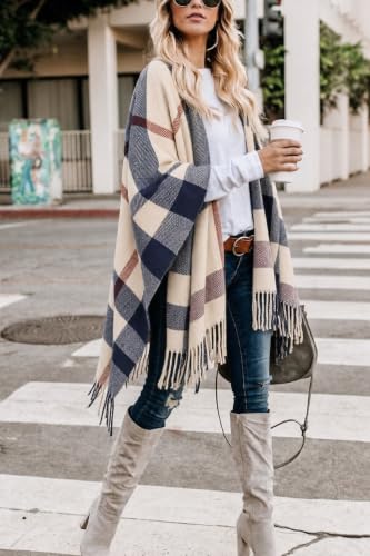 Image of Bestshe Women's Boho Open Front Poncho Plaid Shawl Wrap Cape