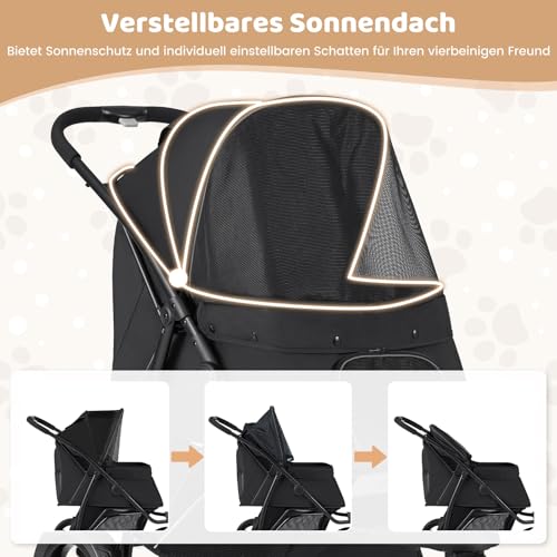 COSTWAY Hundewagen klappbar, Hundebuggy bis 25 kg, Katzenwagen 3 Rad, Haustierwagen mit verstellbarem Sonnendach, Netzfenster, Korb & Polster, Haustierbuggy für Katzen Hunde (Schwarz)