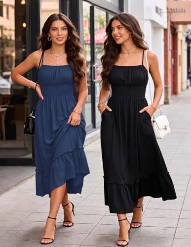 Image of GRACE KARIN Women's Summer Maxi Dress 2026,Smocked Ruched Bust Sundress with Adjustable Straps & Pockets-Beach Vacation Dress
