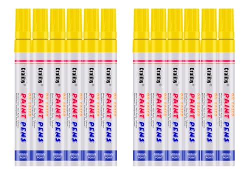 Yellow Paint Markers 12 Pack Oil-Based Waterproof Quick Dry Permanent Paint Pen Set for Rocks Painting Wood Fabric Plastic Canvas Glass Mugs Metal Tire Stone DIY Craft