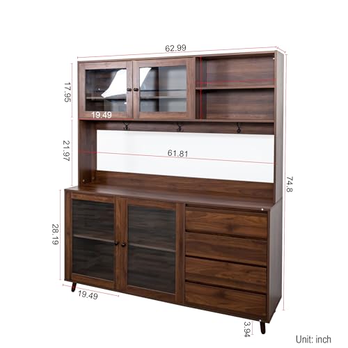 Image of 63 inch Walnut Kuchenschrank Vorratsschrank Aufbewahrungsschrank, Freistehender Kuchenschrank mit Schubladen und Turen, Gross Kuchenaufbewahrung mit Mikrowellenablage(Walnut 63 inch)
