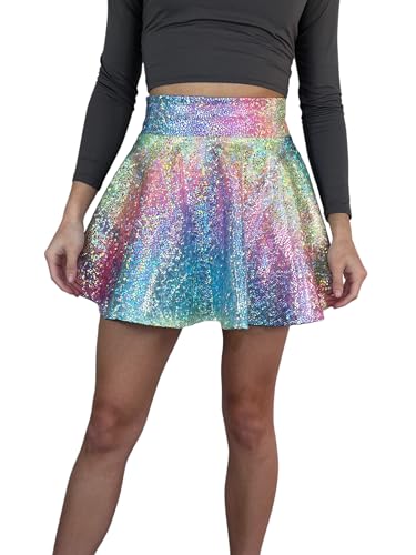 Rainbow Ombre Holographic High Waisted Skater Skirt - Made in USA - Lover Skirt2