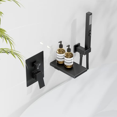 Grifería de bañera de montaje mural Hoimpro con pico de cascada, grifo de bañera con rociador manual, set con válvula empotrada, acabado negro mate miniatura 2