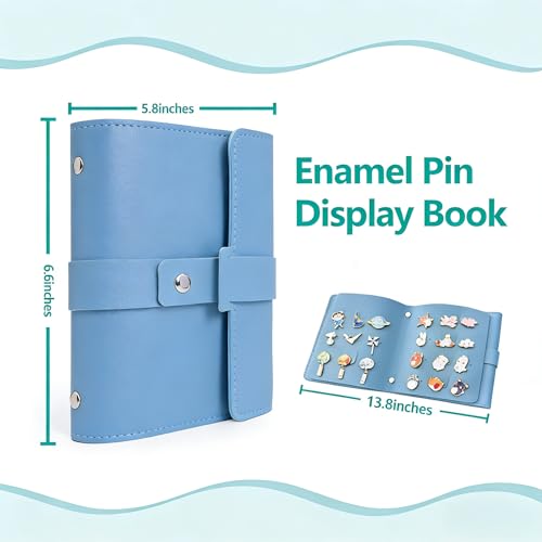 Image of Enamel Pin Display Book - 4 Page Leather Travel Organizer for Collectors, Portable Lapel Pin Holder with Secure Storage, Compact Pin Trading Book (Blue)