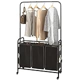 Laundry Sorter 3 Bag Laundry Hamper Cart with Clothes Hanging Bar Rolling Lockable Wheels and Removable Bags for Laundry Room Bathroom Bedroom Clothes Storage, Black