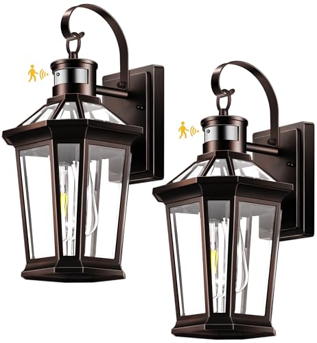 VIANIS Motion Sensor Outdoor Lights, 2 Packs Oil Rubbed Bronze Dusk to Dawn Outdoor Wall Lights Exterior, 100% Anti-Rust Aluminum Front Porch Wall Lantern, Modern Outdoor Wall Sconce for House, E26
