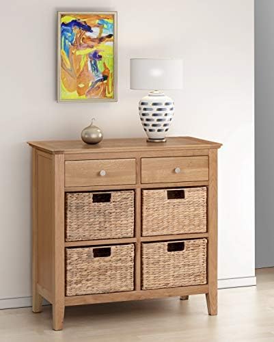 Hallowood Furniture Hereford Storage Sideboard In Light Oak Finish - Wooden Cabinet with 2 Drawers and 4 Wicker Baskets  Console Table with Storage for Hallway & Bedroom - Chest of Drawer Living Room