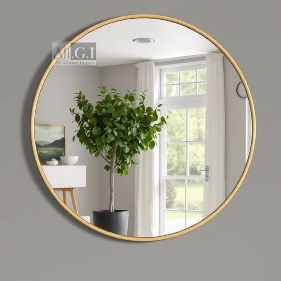 Image of 30 inch Vanity Round Home Decor Wall Mirror in Gold I Metal Frame Mirror I Modern Design Gold Metal Frame Mirror I Decorative Mirror for Bathroom Wash Basin, Bedroom, Drawing Room (Gold-30)