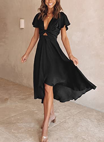 Image of miduo Womens Satin V Neck Ruffle Short Sleeve Tie Front High Waist Midi A-Line Maxi Dresses
