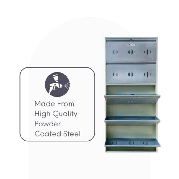 Image of StayHappy Wide Wall-Mounted and Freestanding Metal Shoe Rack Cabinet | Key Lock | Compact Design | Thick Metal Layer for Durability | Powder-Coated Steel | Crafted in Bharat. (Silver, 5 Door)