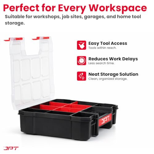 Image of JPT Small Ultra Heavy Duty Tool Organizer Box | Plastic Storage Case with Transparent Lid, 10 Compartments & 6 Removable Dividers | Portable Screws & Hardware Organiser