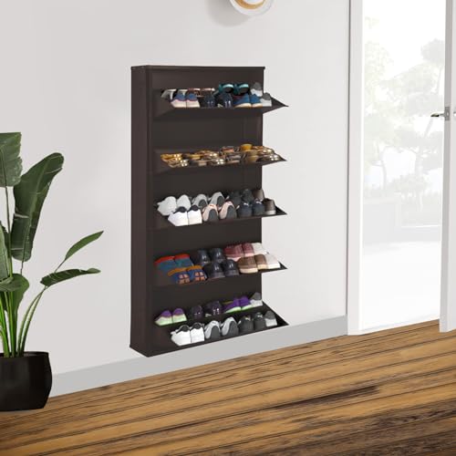 Image of DELITE KOM 29 inch Wide, 10 Shelf Metal Shoe Rack Wall Mounted for Home with Central Lock | Holds Upto 36 Shoes or 60 Slippers Pair | Double Decker, 1Yr Warranty, (67x29x8, Coffee), DIY, Space Saver