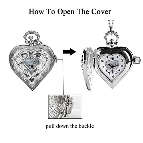 Jewelrywe Vintage Silver Tone Heart Locket Style Pendant Pocket Watch Necklace For Girls Lady Women, 30-Inch Chain, For Mother’s Day #TOP4
