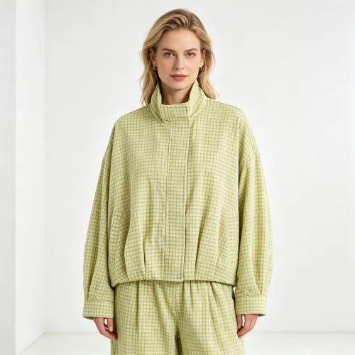 Plaid Bomber Jacket Women Oversized Cropped Funnel Neck Gingham Jacket - image 2